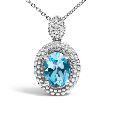 .925 Sterling Silver Oval Blue Topaz and Diamond Accent with Beaded Halo Pendant Necklace - 18" Inches - 0