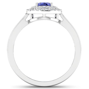 0.91 Carat Genuine Tanzanite and White Diamond 14K White Gold Ring - 0