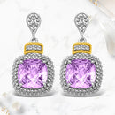 18k Yellow Gold & Sterling Silver Cushion Amethyst & Diamond Earrings (.05cttw)-3
