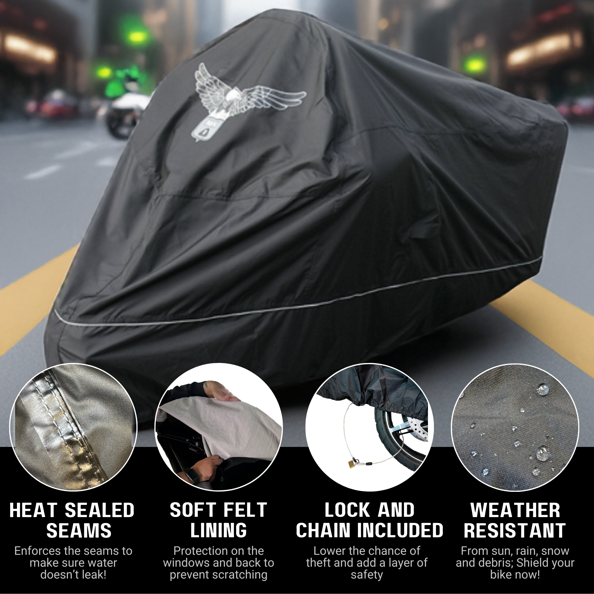 Premium Motorcycle Cover with Night Reflector and Eagle Emblem (XXL) Black