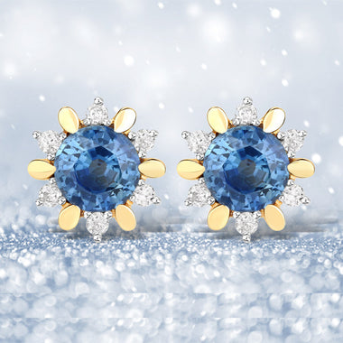 1.87 Carat Genuine Blue Sapphire and White Diamond 14K Yellow Gold Earrings