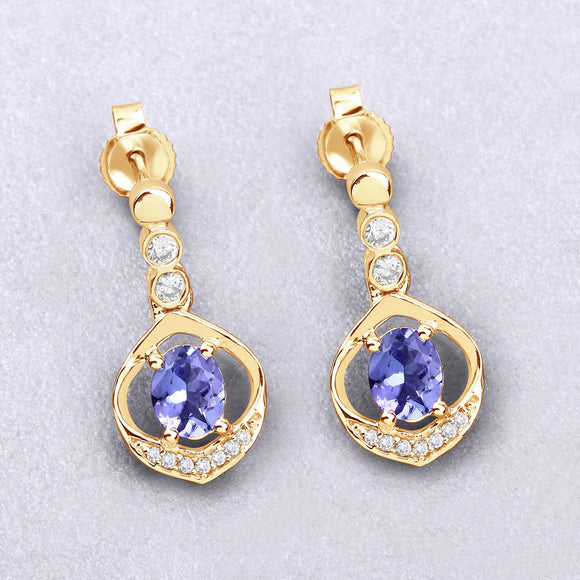 0.76 Carat Genuine Tanzanite and White Diamond 14K Yellow Gold Earrings