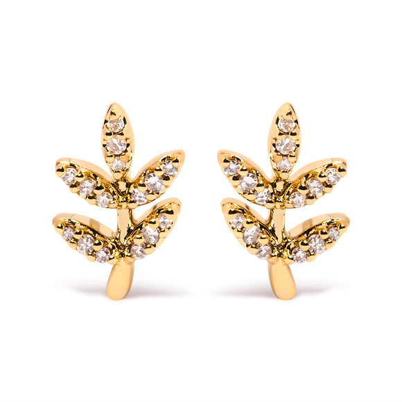 10K Yellow Gold 1/10 Cttw Diamond Accented Leaf and Branch Stud Earrings (H-I Color, I1-I2 Clarity)