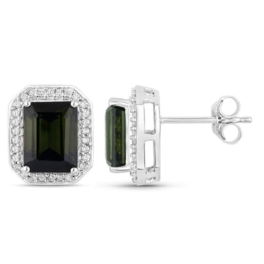 3.57 Carat Genuine Green Tourmaline and White Diamond 14K White Gold Earrings - 0