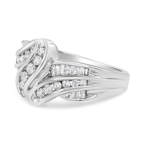 10K White Gold Ring 3/4 Cttw Round and Baguette-Cut Diamond Bypass Ring (H-I Color, I2-I3 Clarity) - Size 6