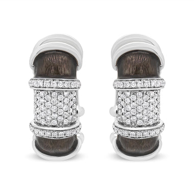 18K White Gold Flash Plated .925 Sterling Silver Clear Graphite Grey Enamel 5/8 Cttw Round Diamonds Huggie Hoop Earrings (F-G Color, VS1-VS2 Clarity) - 0