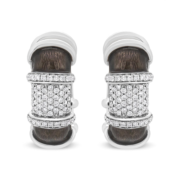 18K White Gold Flash Plated .925 Sterling Silver Clear Graphite Grey Enamel 5/8 Cttw Round Diamonds Huggie Hoop Earrings (F-G Color, VS1-VS2 Clarity)