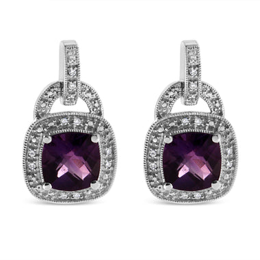 .925 Sterling Silver 8MM Natural Cushion Shaped Amethyst and Diamond Accent Halo with Push Back Dangle Earrings (I-J Color, I2-I3 Clarity) - 0