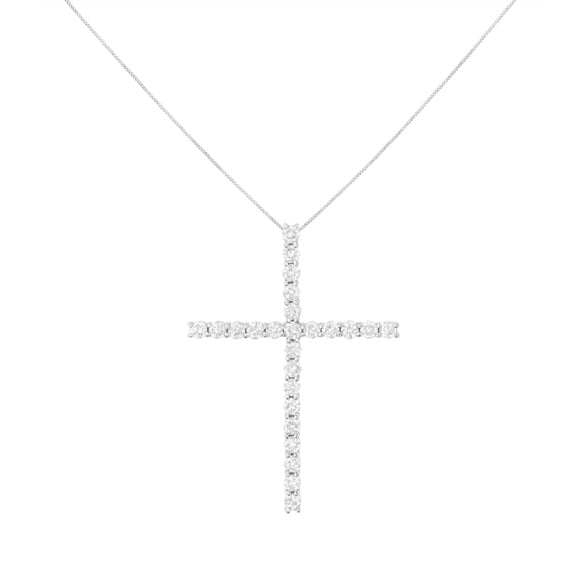 .925 Sterling Silver 3.0 Cttw Round Shape Diamond 1-1/2" Cross Pendant with Box Chain Necklace (I-J Color, I2-I3 Clarity) - 18"