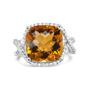 14K White Gold 12mm Cushion Cut Yellow Citrine Gemstone and 1/3 Cttw Round Pave-Set Diamond Ring - (H-I Color, VS1-VS2 Clarity)- Size 6.5-1
