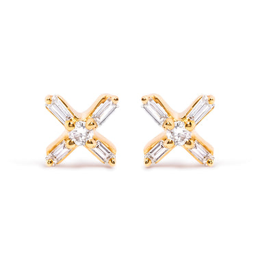 10K Yellow Gold 1/10 Cttw Round and Baguette Diamond Criss Cross X Stud Earring (H-I Color, I1-I2 Clarity)
