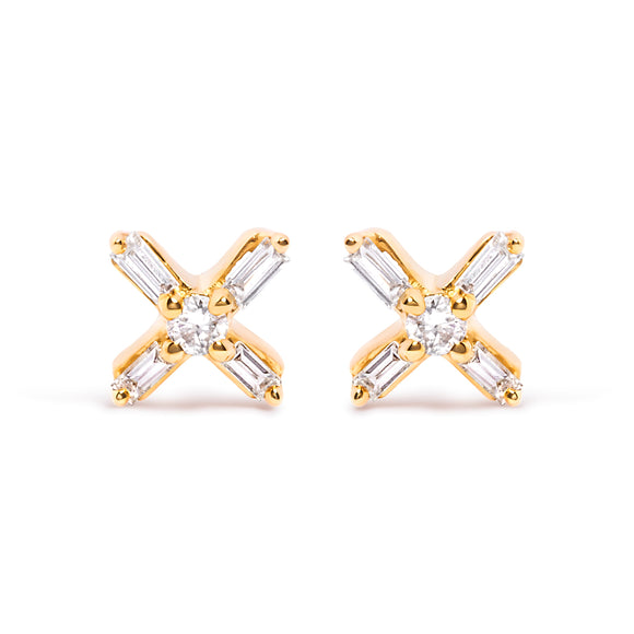 10K Yellow Gold 1/10 Cttw Round and Baguette Diamond Criss Cross X Stud Earring (H-I Color, I1-I2 Clarity)