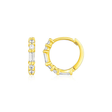 14k Yellow Gold Petite Hoop Earrings with Baguette Cubic Zirconias - 0