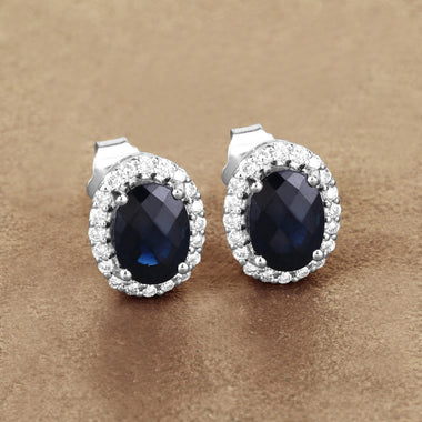 2.16 Carat Genuine Blue Sapphire and White Diamond 14K White Gold Earrings - 0