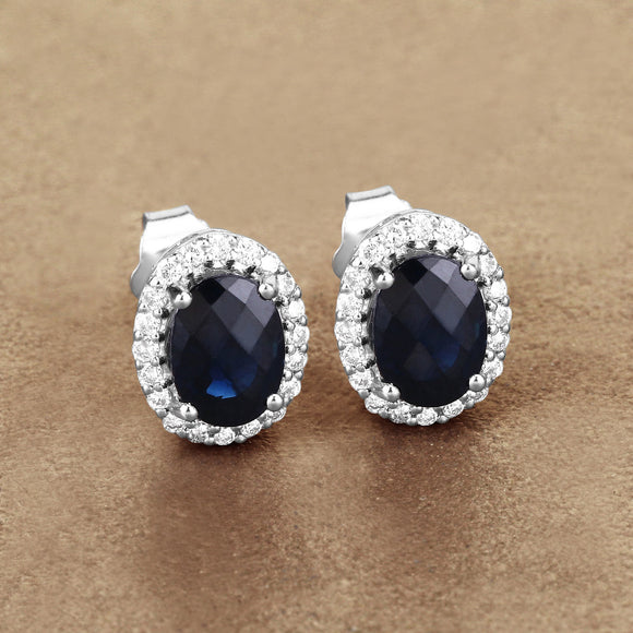 2.16 Carat Genuine Blue Sapphire and White Diamond 14K White Gold Earrings