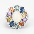 3.92 Carat Genuine Ethiopian Opal, Multi Sapphire and White Diamond .925 Sterling Silver Ring-4
