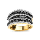 14K Yellow Gold Plated .925 Sterling Silver 1 3/4 Cttw Treated Black and White Alternating Diamond Multi Row Band Ring (Black / I-J Color, I2-I3 Clarity) - Size 7-2