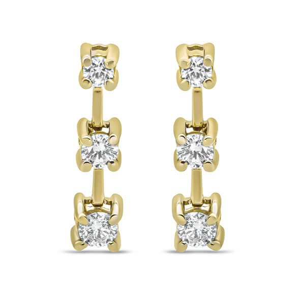 14K Yellow Gold 1/2 Cttw Round Diamond 3 Stone Graduated Linear Drop Past, Present and Future Stud Earrings (H-I Color, SI1-SI2 Clarity)