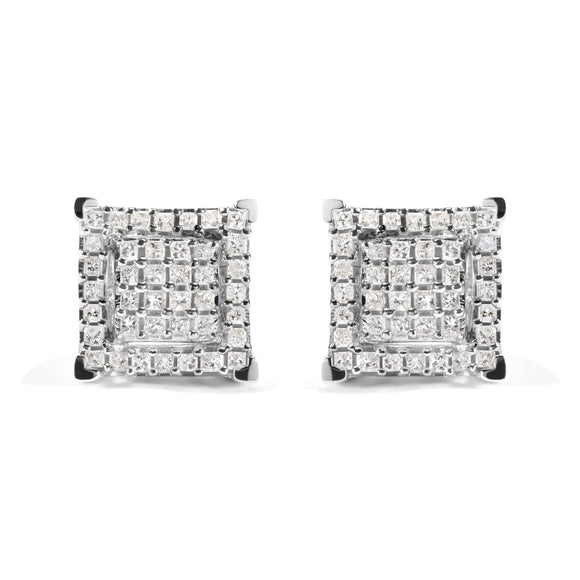 10K White Gold 1 1/4 Cttw Princess Diamond Composite Double Square and Halo Stud Earrings (I-J Color, I1-I2 Clarity)