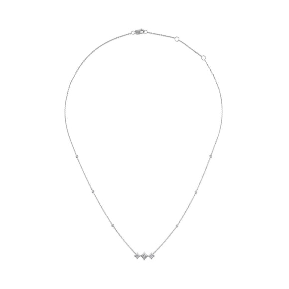 10K White Gold Bezel Set Princess Diamond 3 Stone Kite Shape and Station Necklace (H-I Color, SI2-I1 Clarity) - 18" Inches