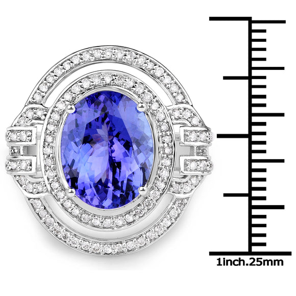 14K White Gold 6.83 Carat Genuine Tanzanite and White Diamond Ring