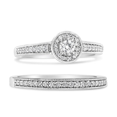 .925 Sterling Silver 1/2 Ctw Diamond Halo and Milgrain Engagement Ring Bridal Set (I-J Color, I3 Clarity) - Ring Size 7 - 0