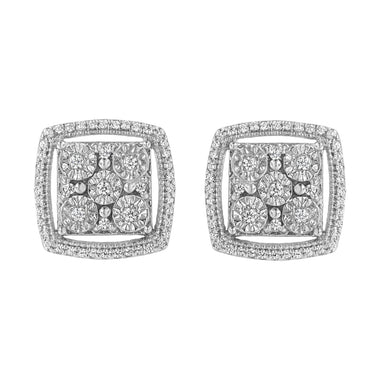 .925 Sterling Silver 3/8 Cttw Miracle Set Round Diamond Double Halo Cluster Earrings (I-J Color, I2-I3 Clarity)