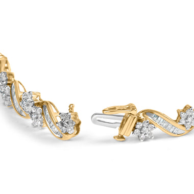 10k Yellow Gold 3.00 Cttw Round-Cut and Baguette-Cut Floral Link 7.25" Bracelet (I-J Color, I1-I2 Clarity) - 0