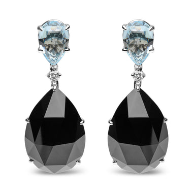 18K White Gold 1/5 Cttw Diamond with Pear Cut Sky Blue Topaz and Pear-Cut Black Onyx Gemstone Dangle Earring (G-H Color, SI1-SI2 Clarity)
