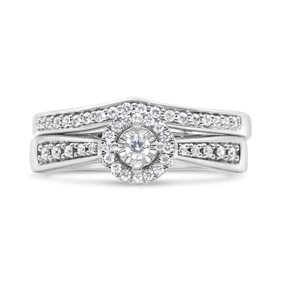 .925 Sterling Silver 1/3 Cttw Diamond Halo and Pave Shank Engagement Ring Set (I-J Color, I3 Clarity) - Ring Size 7