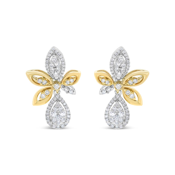 14K White and Yellow Gold 1.00 Cttw Round Pave-Set Diamond Teardrop and Marquise Shape Drop Dangle Earrings (H-I Color, SI1-SI2 Clarity)