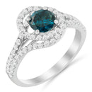 14K White Gold 1-1/3 Cttw White & Blue Diamond Interweaving Double Halo Cocktail Statement Ring (G-H and Fancy Blue Color, SI2-I1 Clarity) - Size 6-1