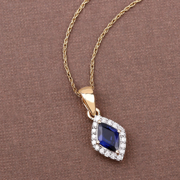 0.92 Carat Genuine Blue Sapphire and White Diamond 14K Yellow Gold Pendant