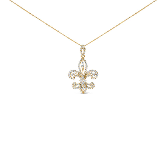 14K Yellow Gold 1.00 Cttw Round Diamond Fleur De Lis 18" Pendant Necklace (H-I Color, SI2-I1 Clarity)