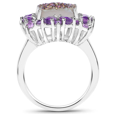 5.97 Carat Genuine Drusy Quartz and Amethyst .925 Sterling Silver Ring - 0