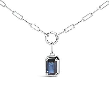 10K White Gold Emerald Cut 6x4 MM Blue Sapphire Solitaire Pendant Necklace - 18 inch - 0
