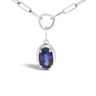 10K White Gold 6x4 mm Oval Blue Sapphire Solitaire Paperclip Pendant Necklace - 18" Inches - 0