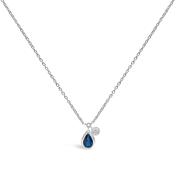 14K White Gold 6x4mm Pear Blue Sapphire and Diamond Accent Charm Pendant Necklace - 18" Inches