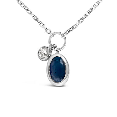 10K White Gold Oval Blue Sapphire and Diamond Double Charm Pendant Necklace - 18" Inches - 0