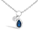 10K White Gold 6x4 mm Pear Blue Sapphire and Diamond  Accent Charm Pendant Necklace - 18" Inches-2
