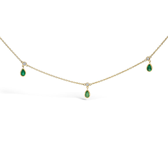 10K Yellow Gold Dangling 5x3 mm Green Emerald and Diamond Station Necklace - 18" Inches