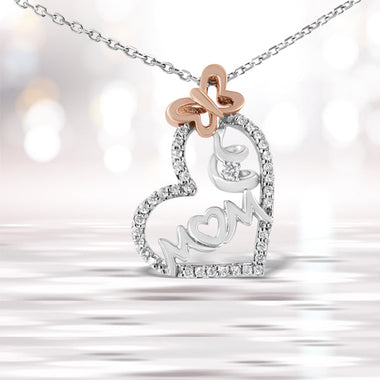 Two Tone .925 Sterling Silver 1/5 cttw Diamond "Mom" and Heart Pendant Necklace (H-I, I1-I2)