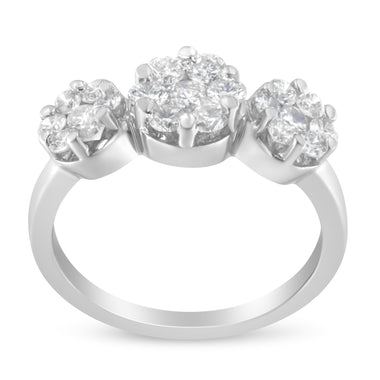 14K White Gold 1-1/4 Cttw Brilliant Cut Diamond Three Round Floral Clusters Engagement or Fashion Ring (H-I Color, SI2-I1 Clarity) - Size 6 - 0