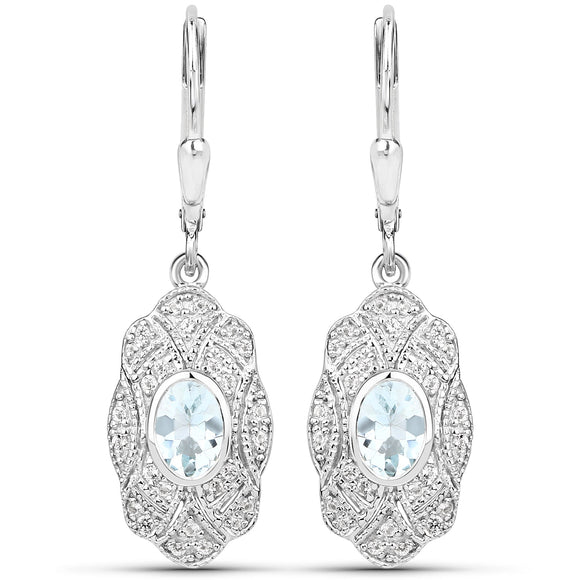 0.96 Carat Genuine Aquamarine and White Topaz .925 Sterling Silver Earrings