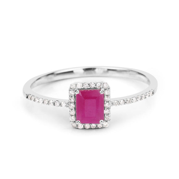 0.58 Carat Genuine Ruby and White Diamond 14K White Gold Ring