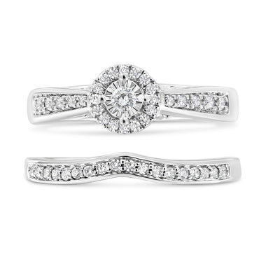 .925 Sterling Silver 1/3 Cttw Diamond Halo and Pave Shank Engagement Ring Set (I-J Color, I3 Clarity) - Ring Size 7 - 0