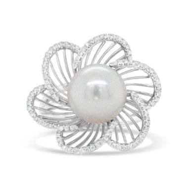 14K White Gold 11mm Round Pearl and 1/3 Cttw Round Diamond Openwork Flower Blossom Ring (H-I Color, VS1-VS2 Clarity) - Size 6.50 - 0