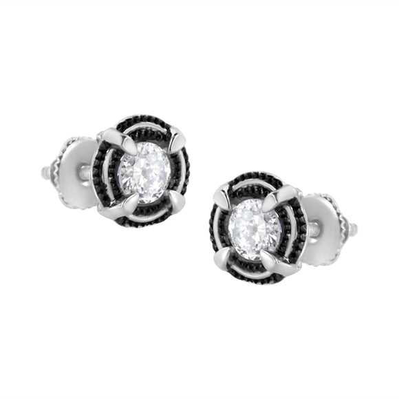 Black Rhodium Plated .925 Sterling Silver Round 1-1/2 cttw Diamond Double Halo 4-Prong Solitaire Milgrain Stud Earrings (H-I Color, I2-I3 Clarity)