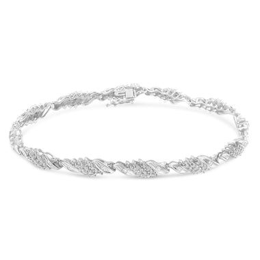 .925 Sterling Silver 1-1/2 Cttw Round and Baguette Cut Diamond Wave Link Bracelet (I-J Color, I2-I3 Clarity) - 7" - 0
