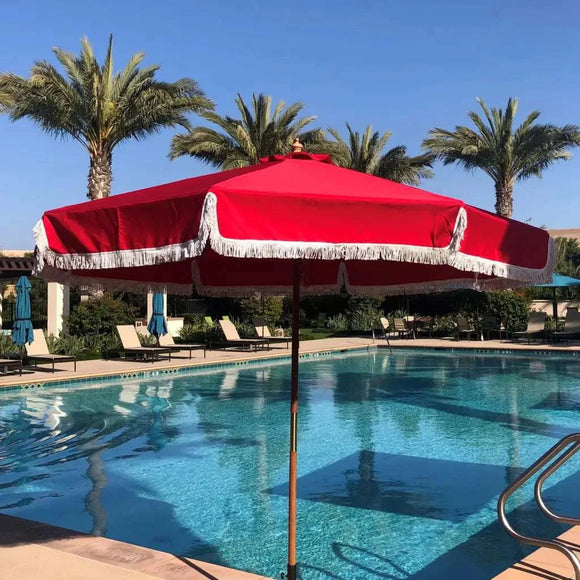 9ft 6 Ribs Replacement Umbrella Canopy w/Fringed Valance in Red (Canopy Only)